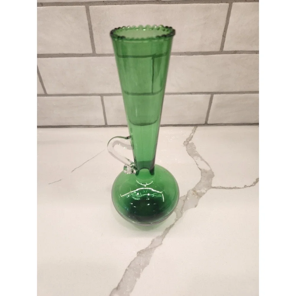 MCM Green glass Bud Flower Vase with Applied Clear‎ Handle Vintage 8 Inches Tall